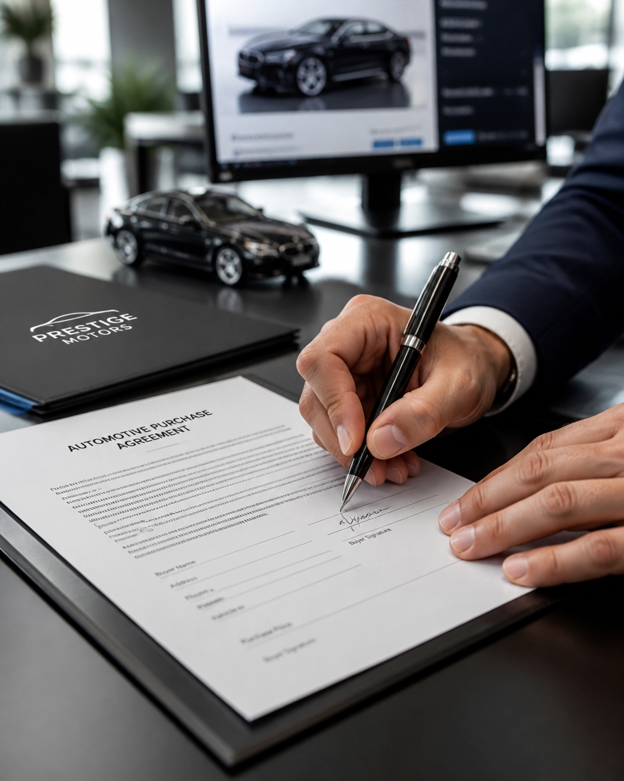 A close-up of a first-time car buyer signing their purchase agreement at a professional dealership desk
