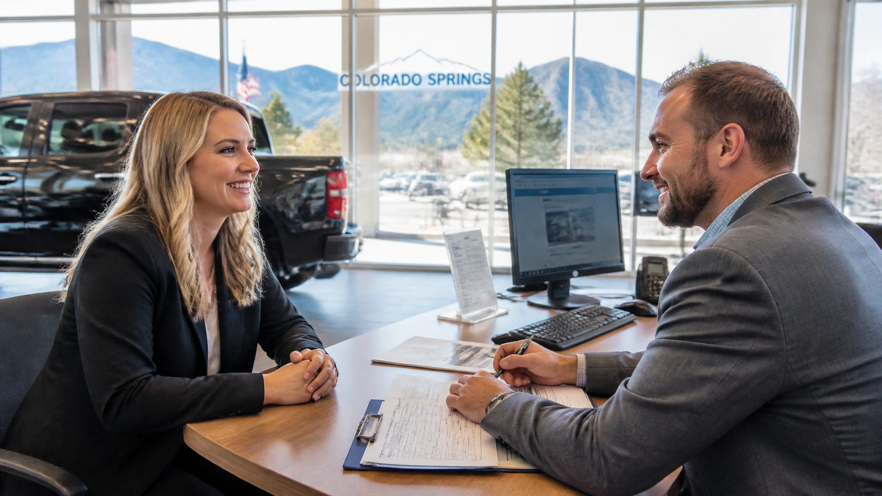 A friendly conversation between a salesperson and a customer at a desk in a Colorado Springs dealership