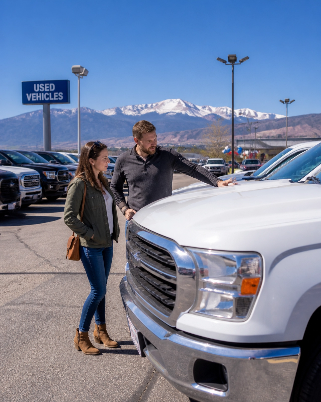 A couple looking at a used white truck on a dealership lot in Colorado Springs