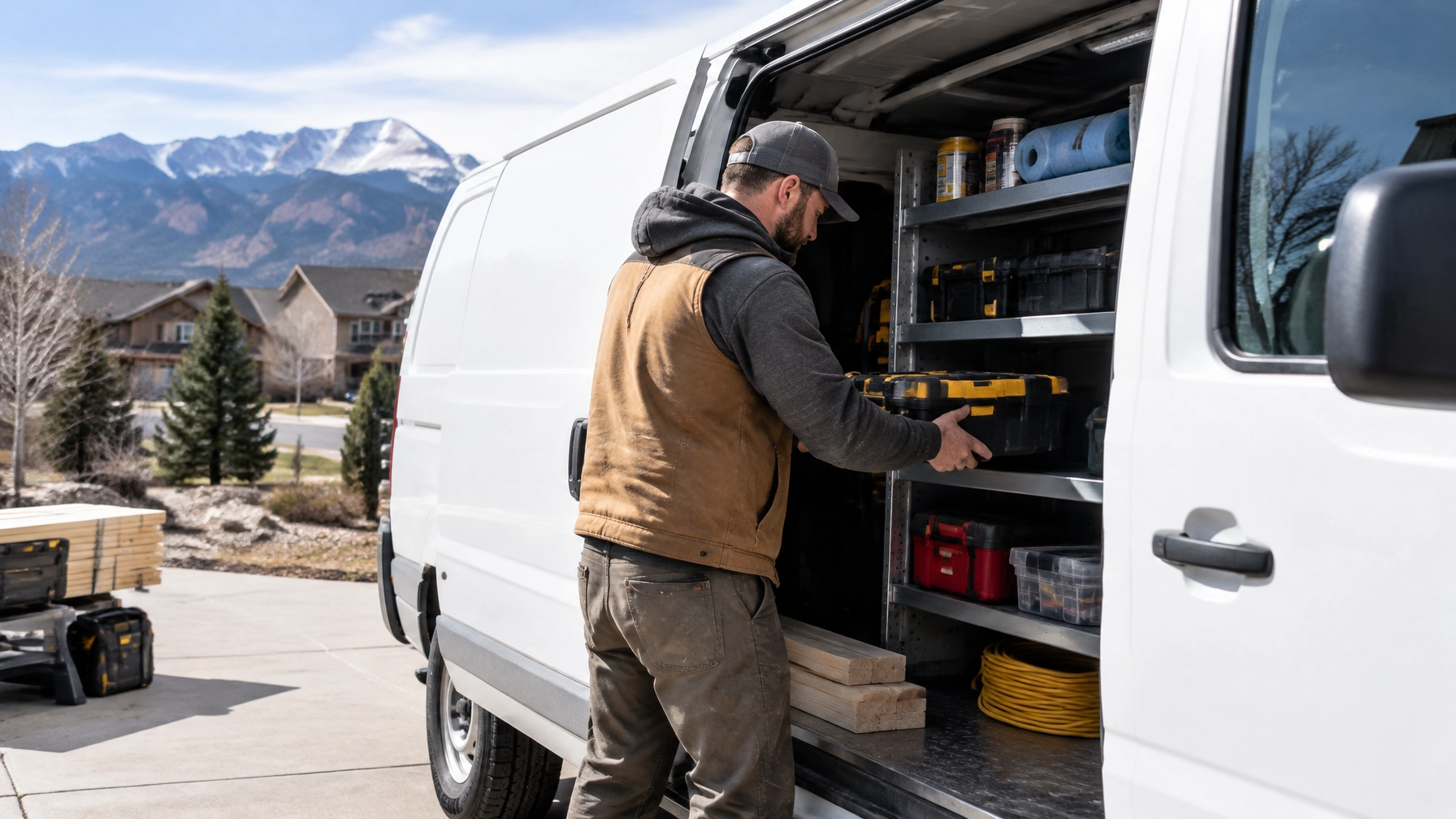 Tradesperson organizing tools and supplies inside a white cargo van with shelving