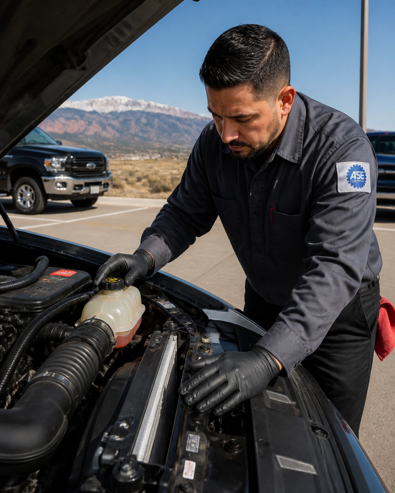Professional mechanic inspecting a vehicle's radiator and coolant levels in a sunny Colorado lot