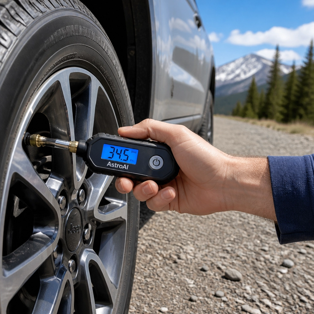 Close-up of checking tire pressure with a gauge