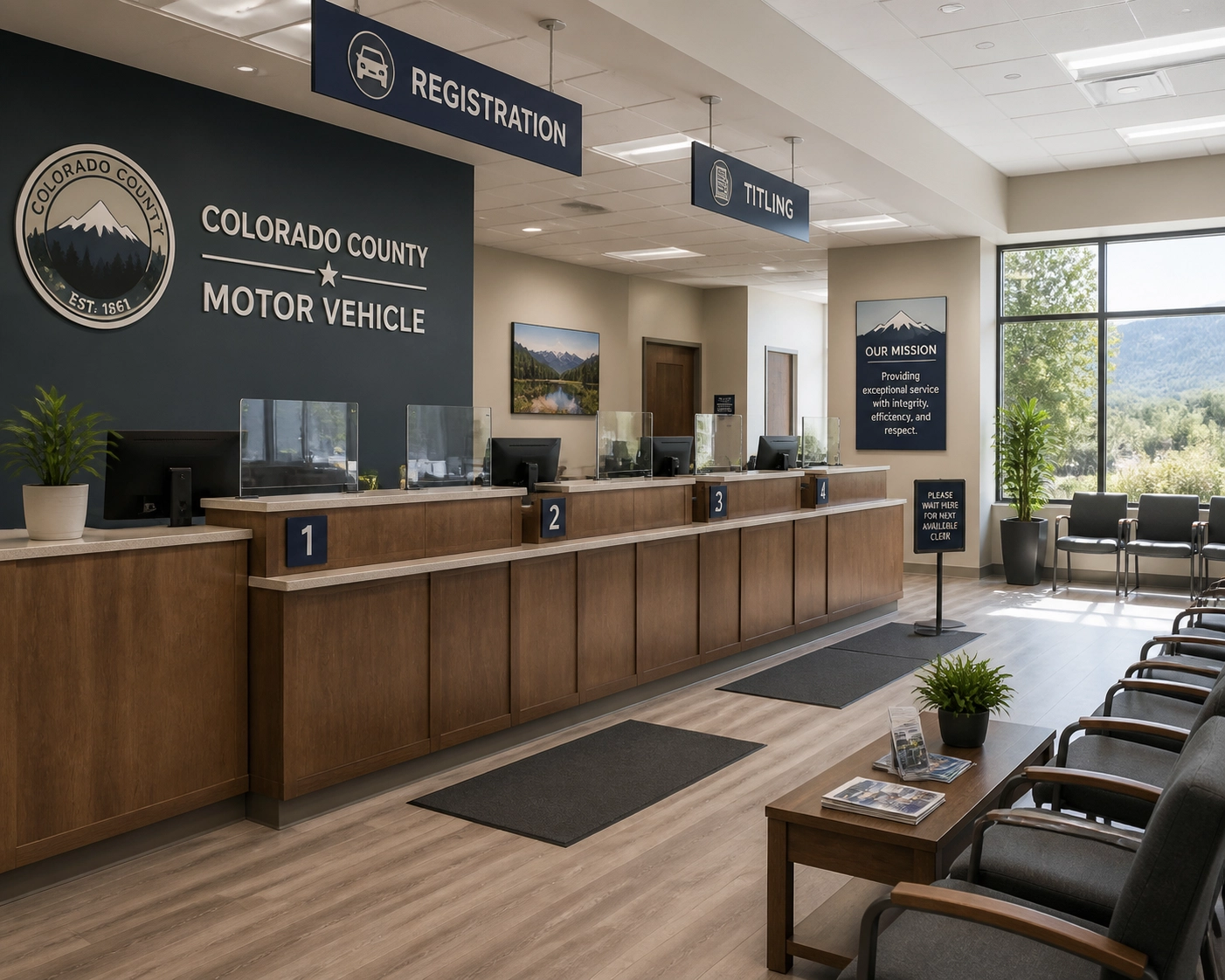 Modern interior of a Colorado County Motor Vehicle office