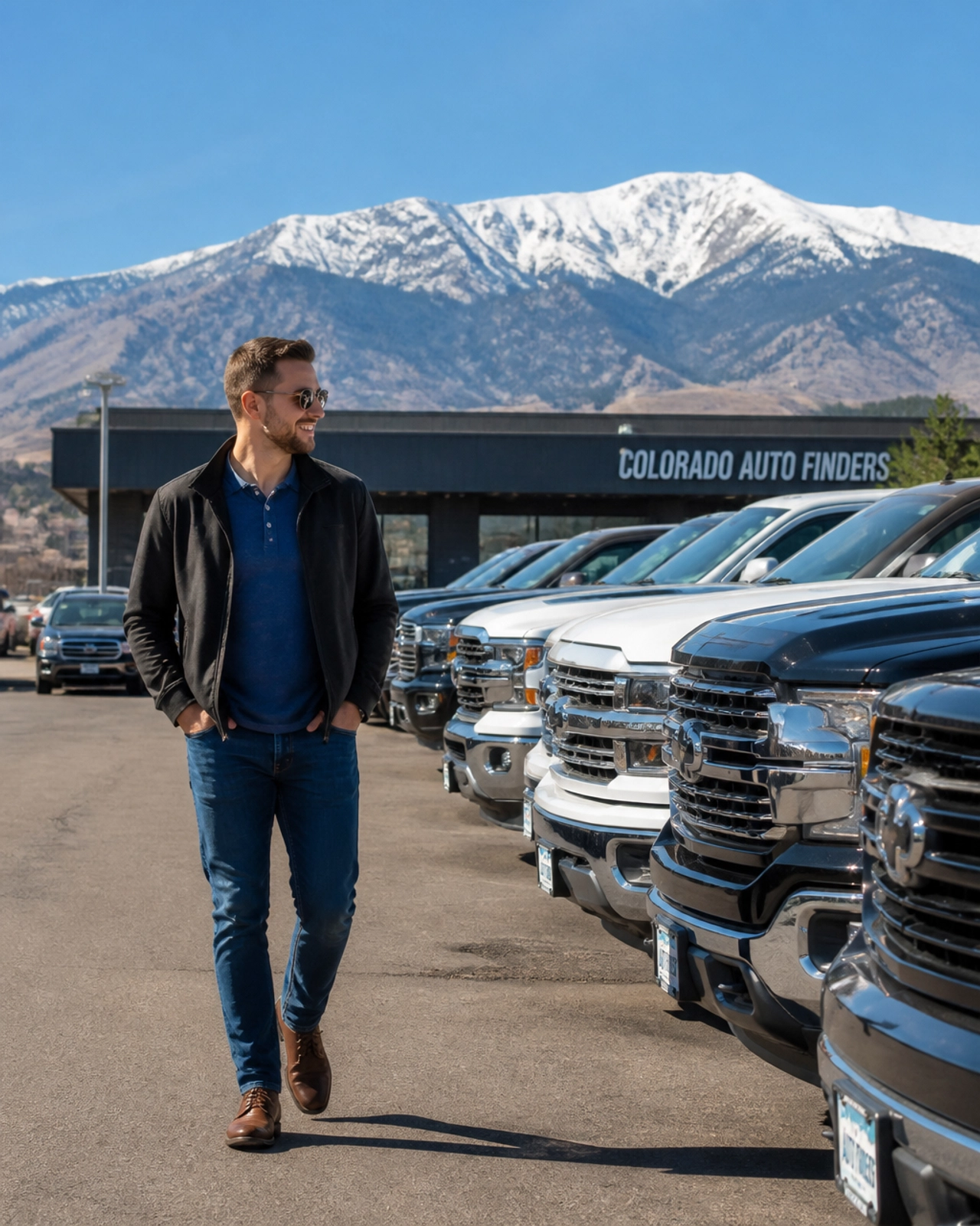 A confident customer walking through a professional used car lot with Pikes Peak in the distance