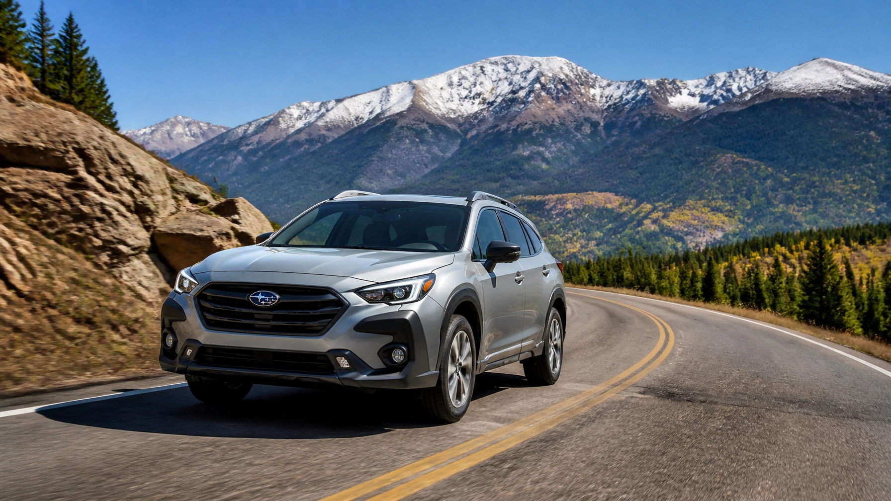 A modern crossover driving on a mountain road with Pikes Peak in the background