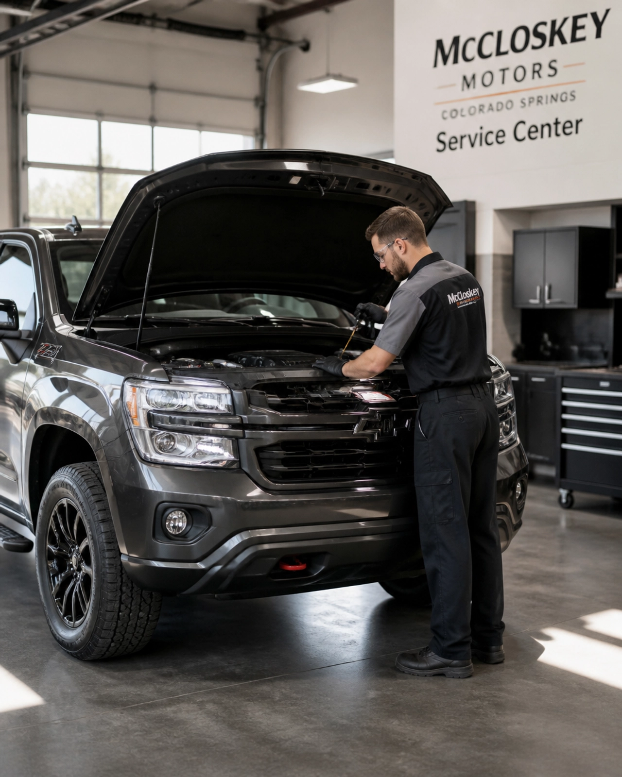 Automotive technician performing maintenance on a truck in the McCloskey Motors service bay