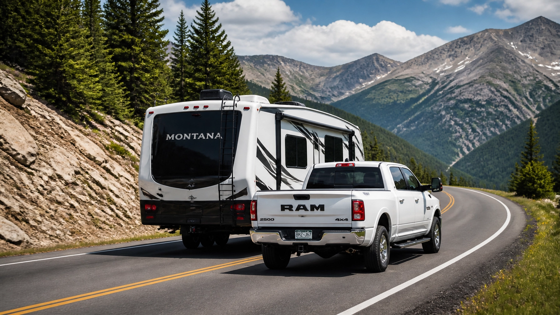 2019 RAM 2500 towing a camper in the Colorado Rockies
