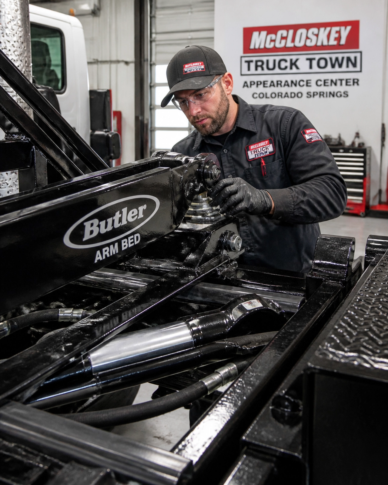 Technician inspecting a Butler Arm Bed installation at McCloskey Truck Town in Colorado Springs CO