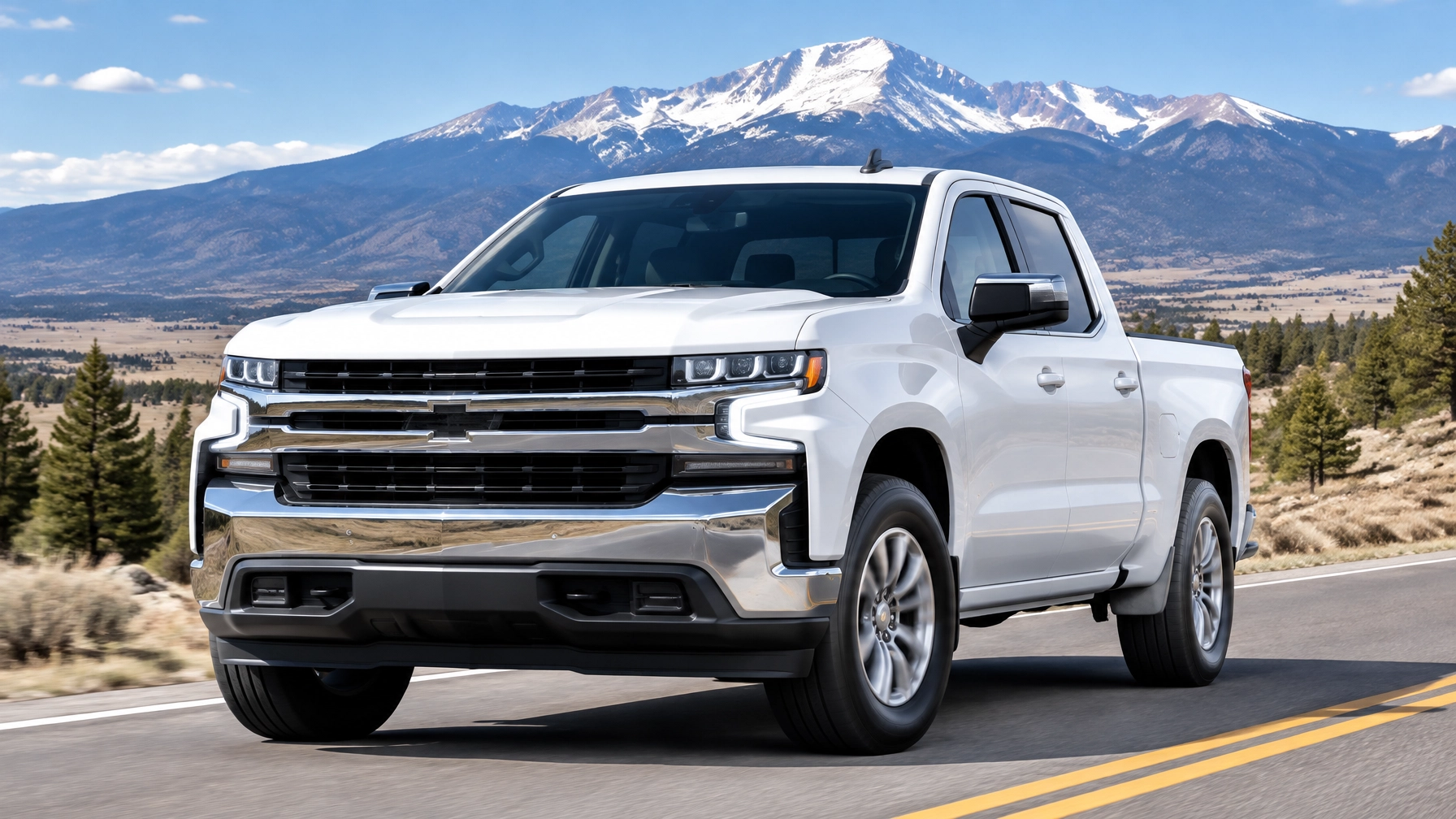 Clean late-model full-size pickup truck on a Colorado mountain road near Colorado Springs CO