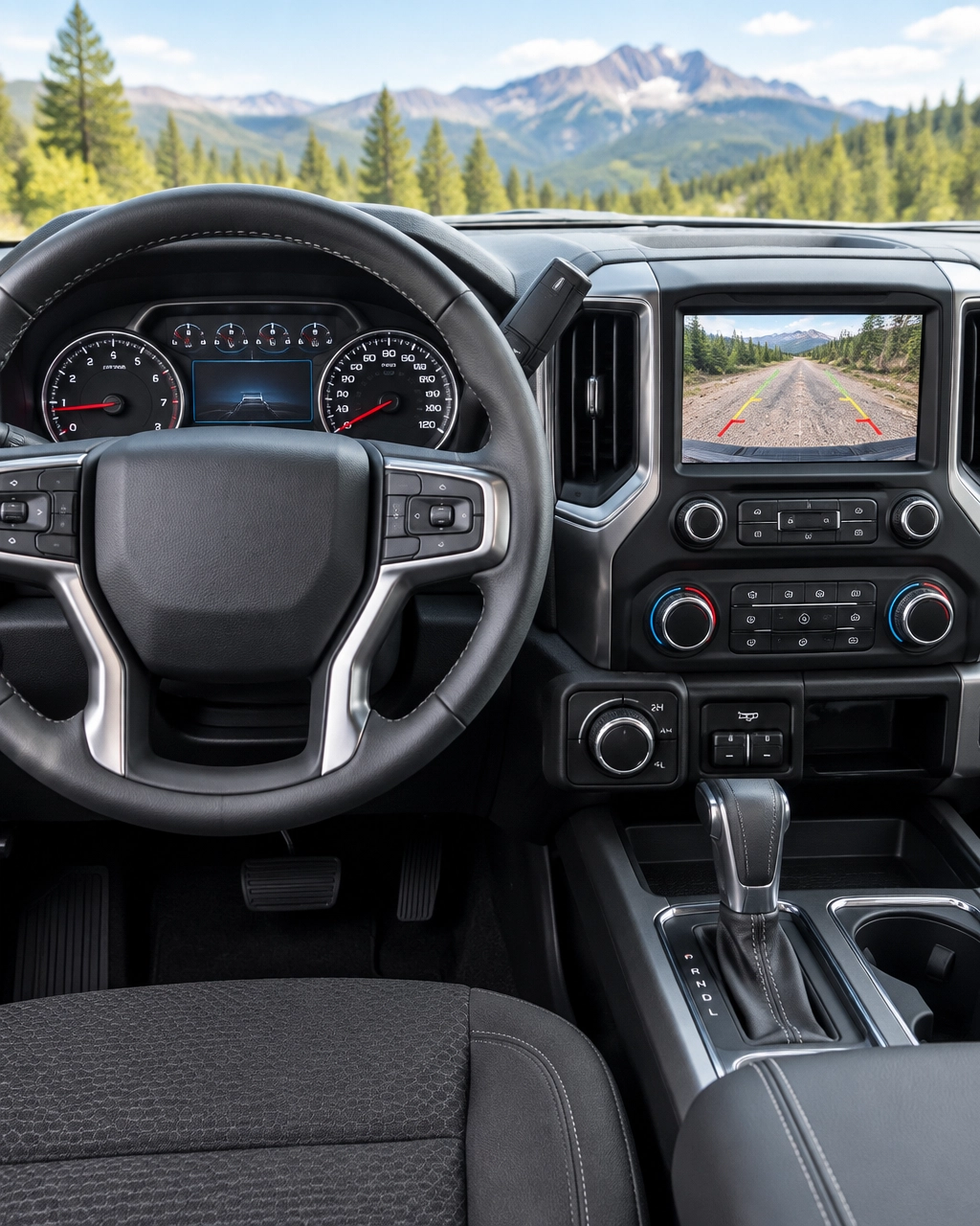 Used truck dashboard with 4WD, tow/haul controls, and backup camera display in Colorado Springs CO