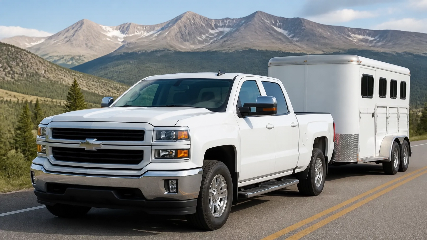 Full-size pickup towing a horse trailer on a Colorado mountain road near Colorado Springs CO