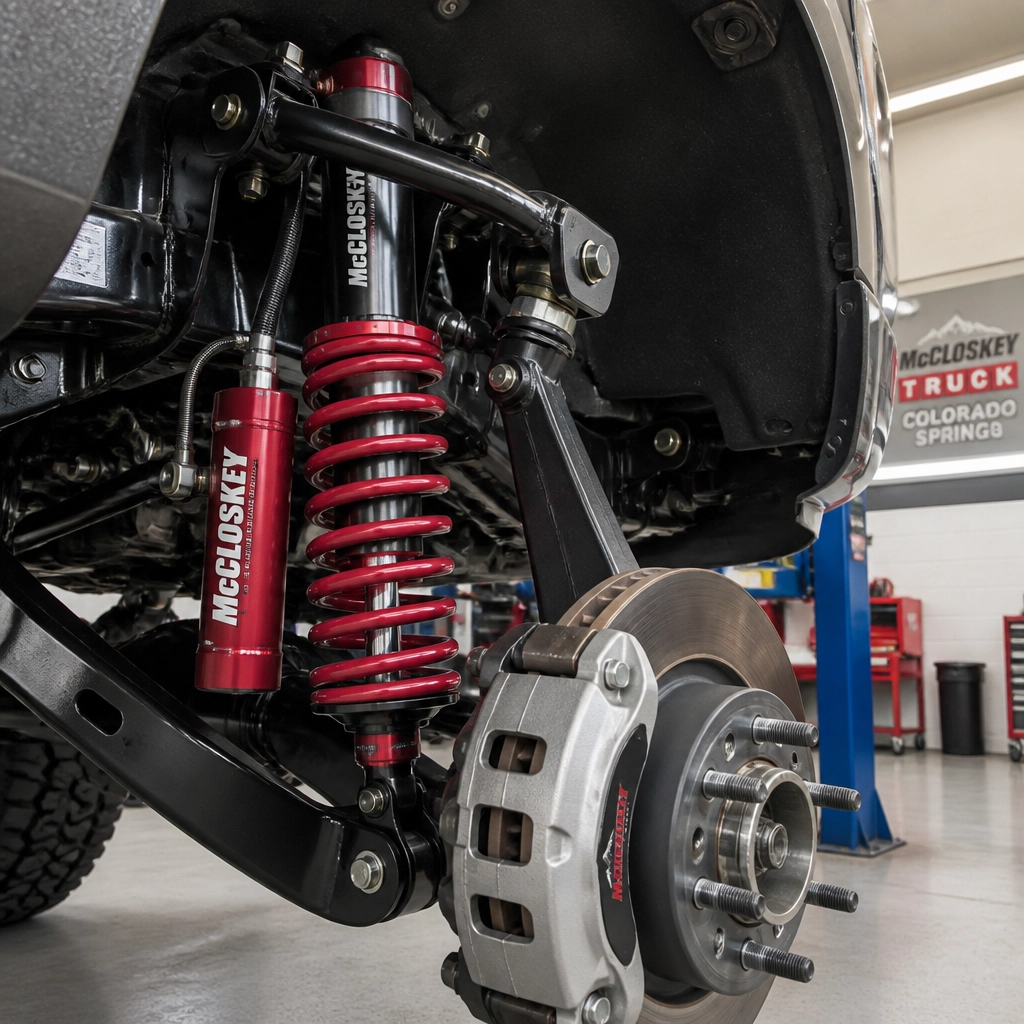 Close-up of professional suspension lift kit components on a truck at McCloskey Truck Town in Colorado Springs CO