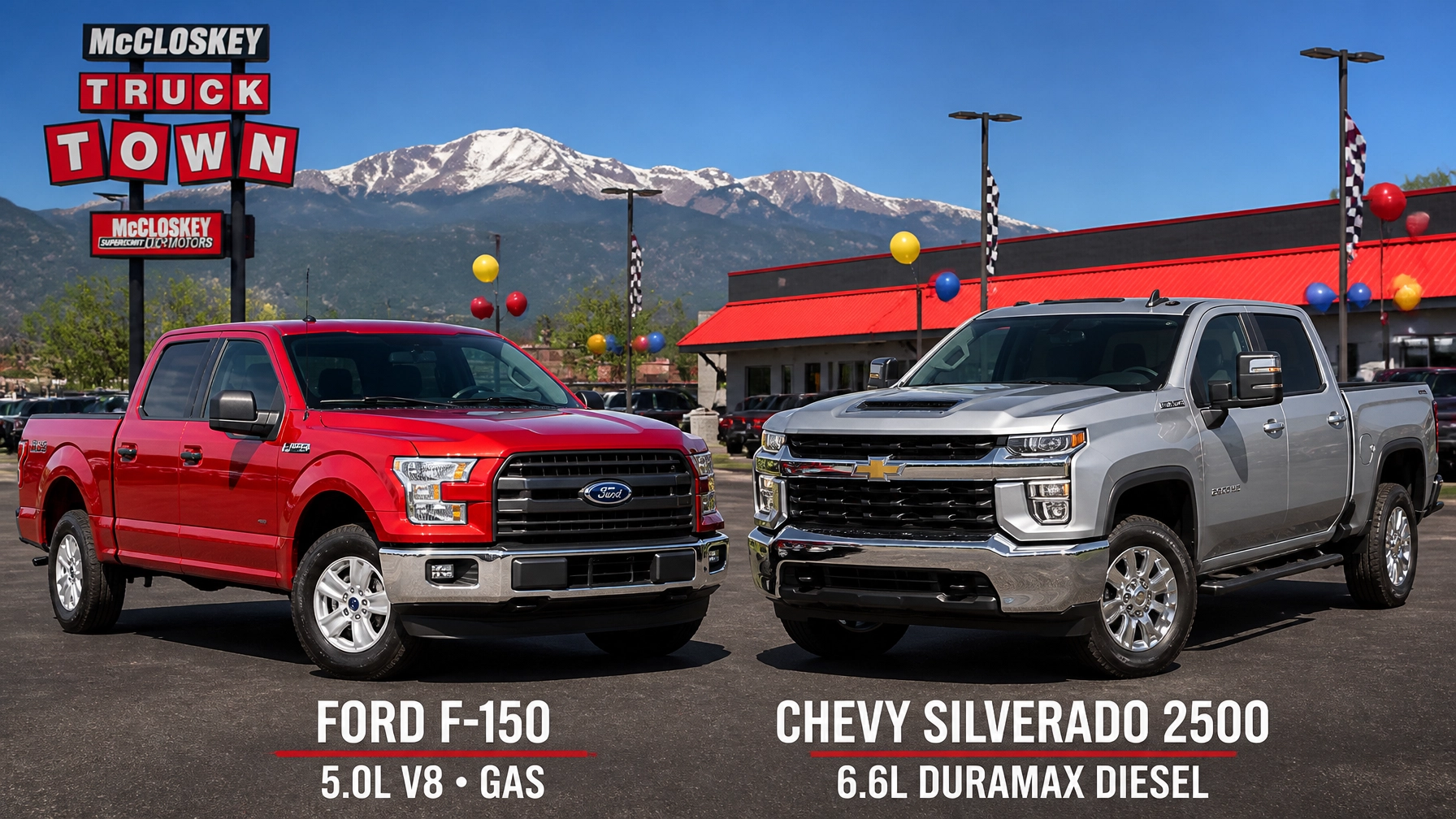 Side-by-side comparison of a gas Ford F-150 and a diesel Chevrolet Silverado at McCloskey Truck Town