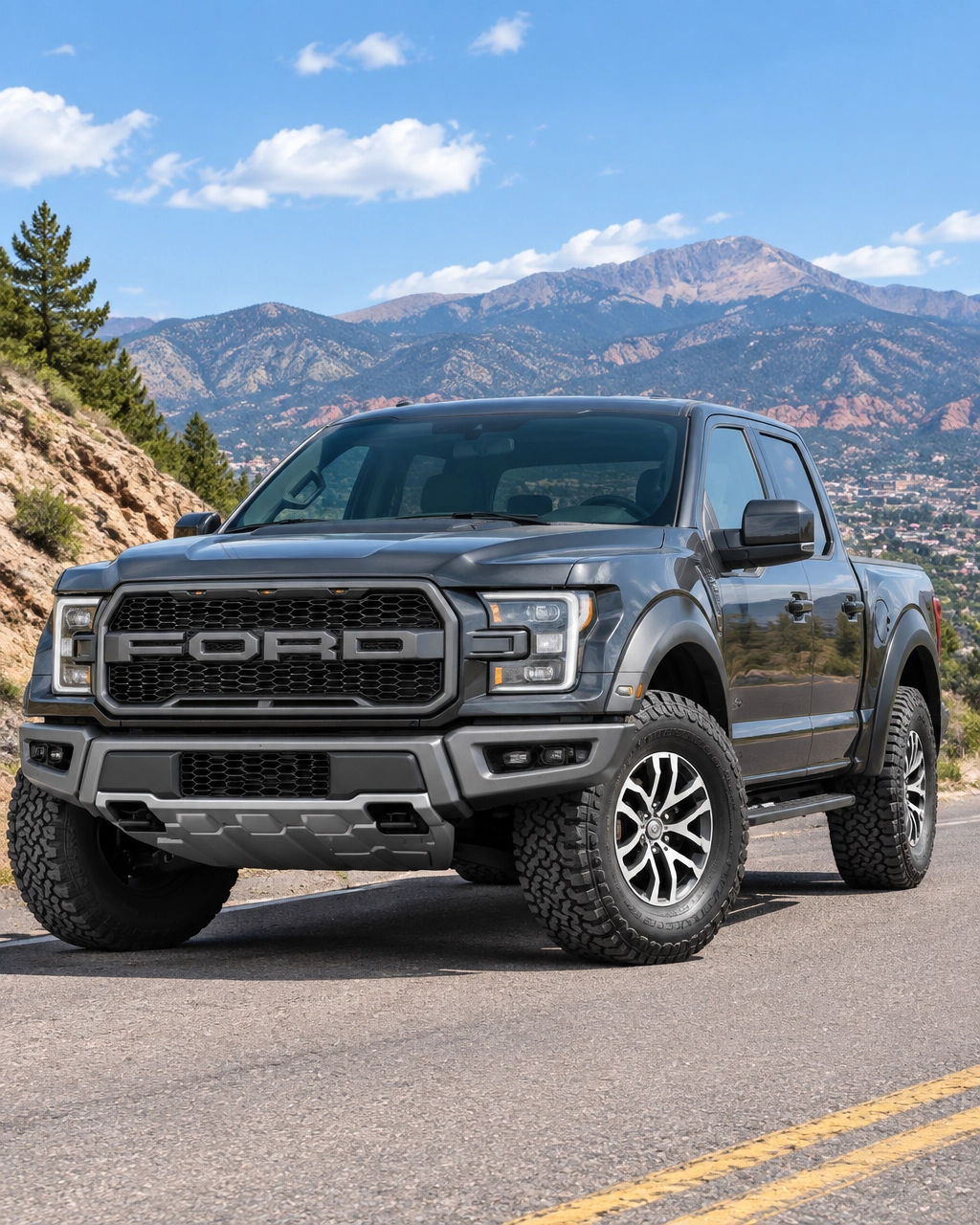 Clean dark gray pickup truck driving on a Colorado mountain grade near Monument Hill CO