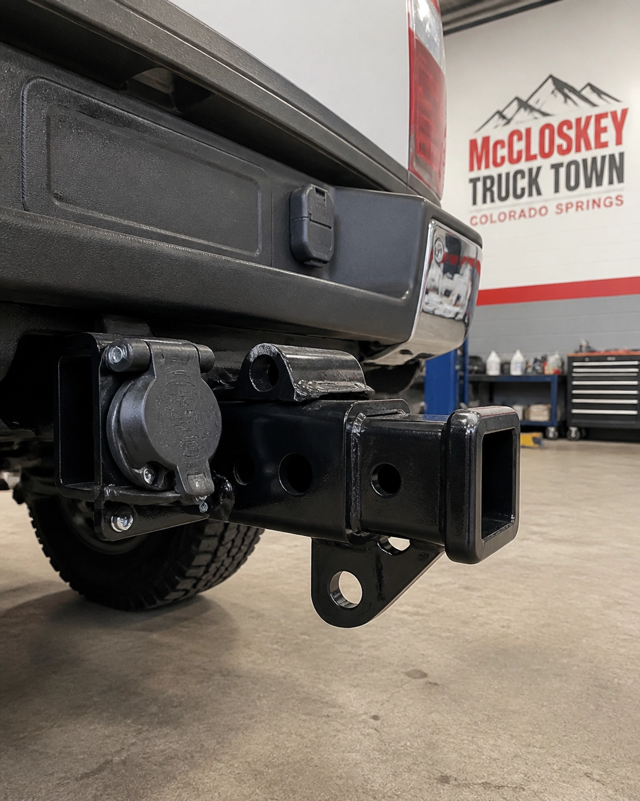 Close-up of a truck tow hitch and wiring at McCloskey Truck Town in Colorado Springs CO