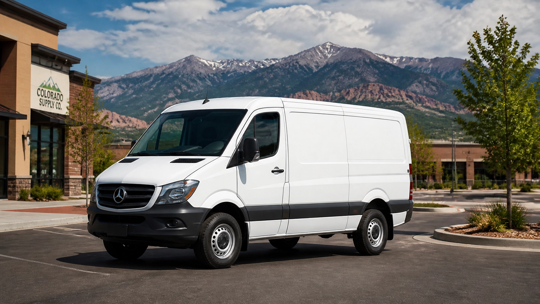 White cargo van in a Colorado Springs commercial setting