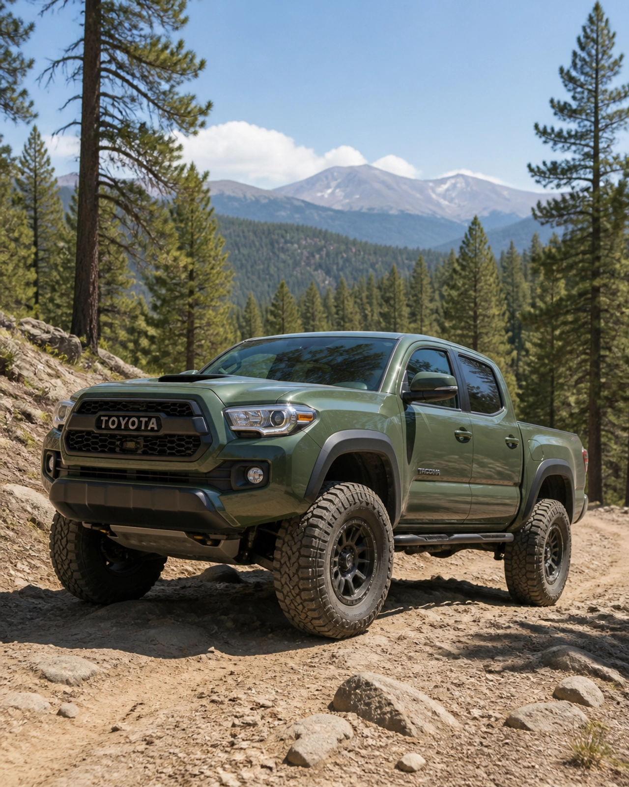 Lifted Toyota Tacoma TRD Off-Road navigating a dirt trail in a Colorado forest at McCloskey Truck Town in Colorado Springs CO