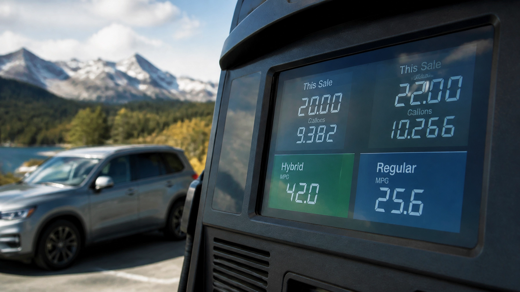 A close-up of a fuel pump display or dashboard showing MPG comparison in a Colorado setting