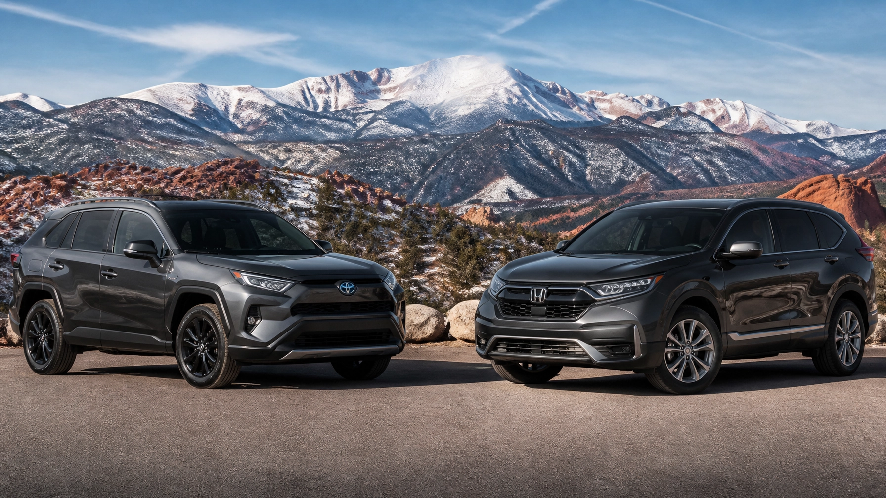 A used hybrid SUV and a traditional gas SUV parked at a scenic Colorado mountain overlook with Pikes Peak in the distance