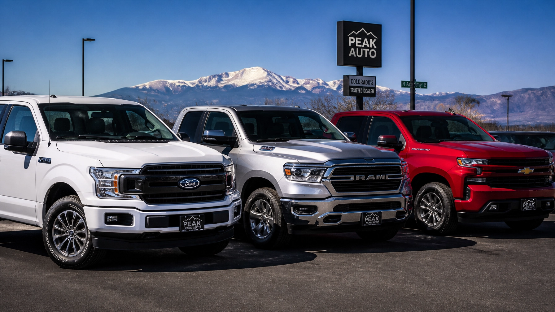 Late-model pre-owned trucks at McCloskey Truck Town with Pikes Peak in the background in Colorado Springs CO