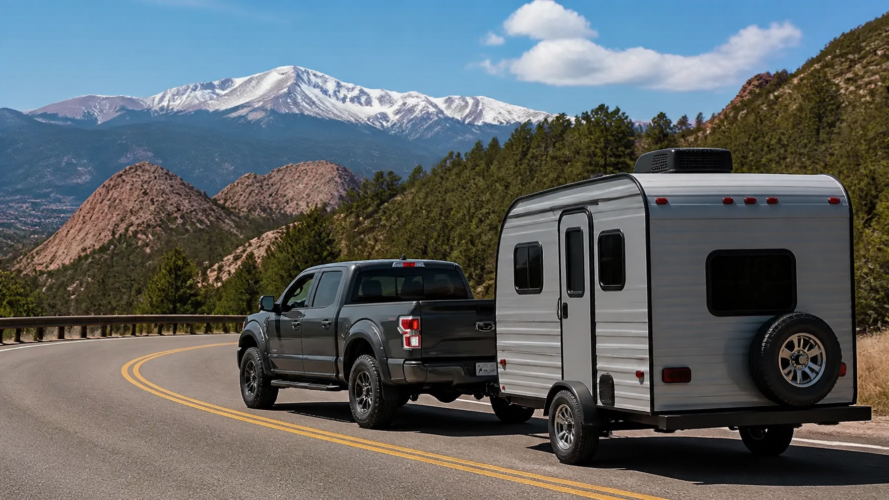 Pickup truck and travel trailer climbing a Colorado mountain grade near Colorado Springs CO