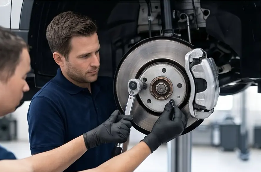 Technician removing a brake rotor during a brake repair on a lifted vehicle