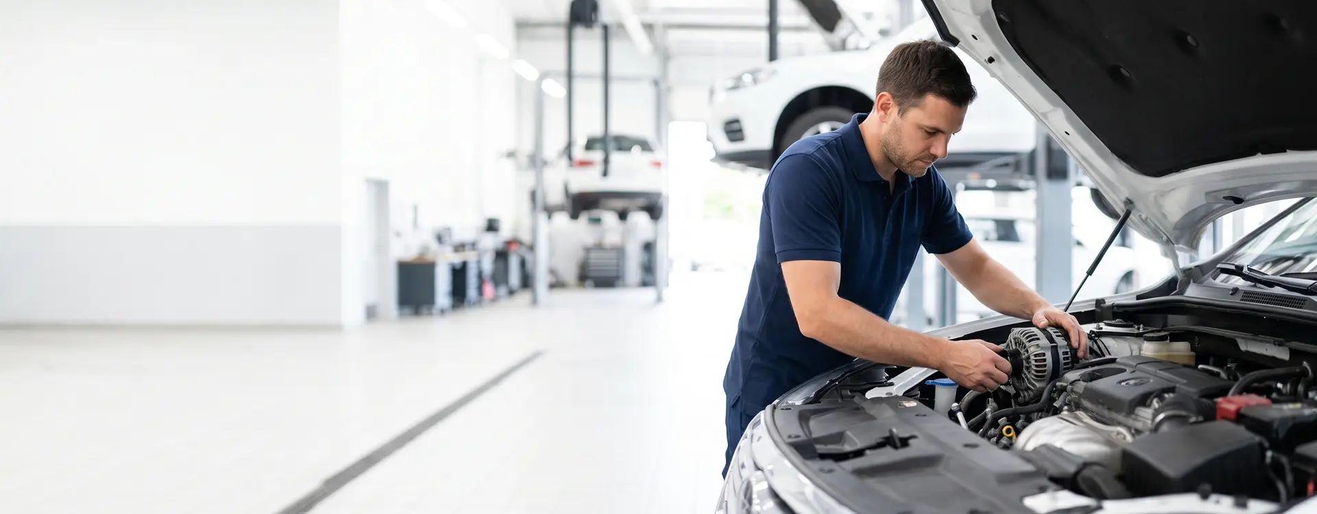 Certified technician replacing an alternator at the Merit Auto Group service center