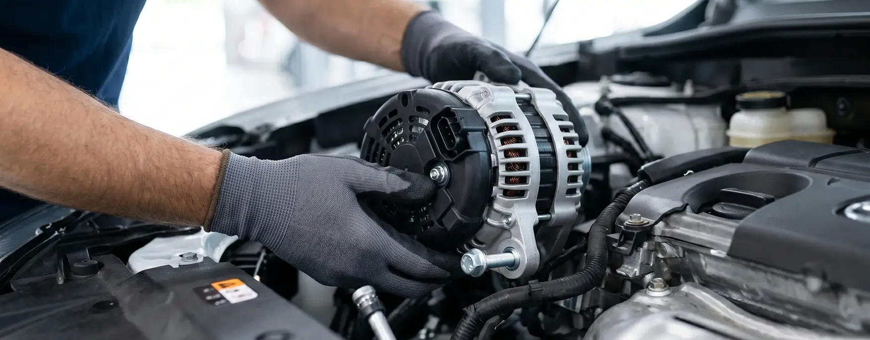 Technician replacing a failing alternator under the hood at Merit Auto Group