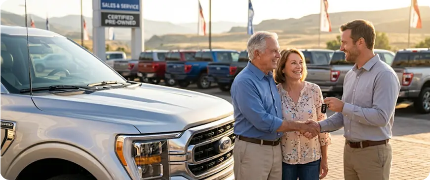 Salesperson shaking hands with a happy customer beside a truck at the dealership