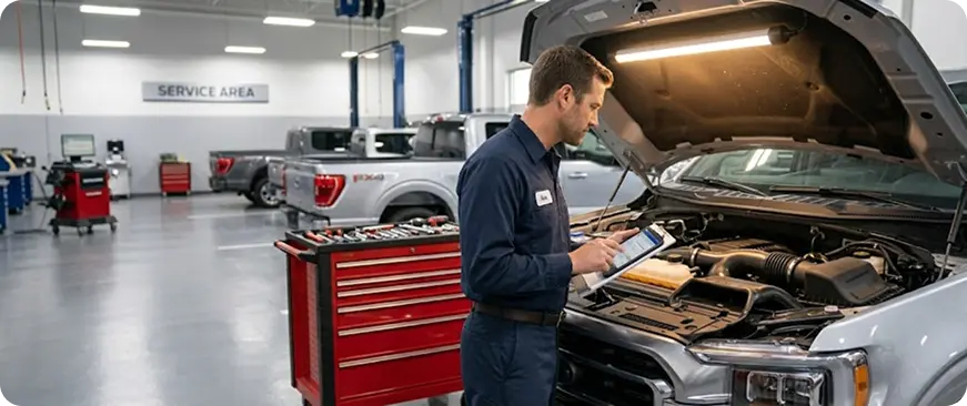 Technician inspecting a truck in the service bay
