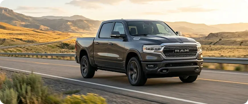 Pickup truck driving on an open road