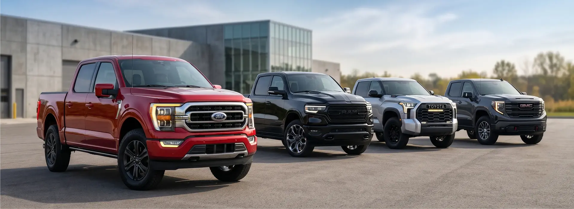A lineup of used Ford, RAM, Toyota and GMC pickup trucks at the Merit Auto Group dealership