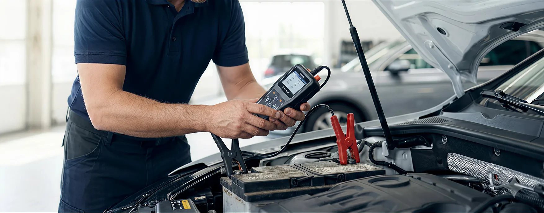 Technician installing a new car battery under the hood at Merit Auto Group