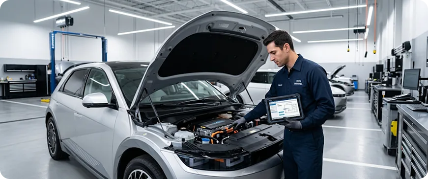 Technician inspecting a vehicle in the service bay
