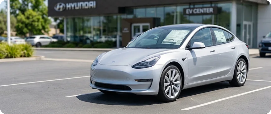 Row of used electric and hybrid vehicles in a dealership lot