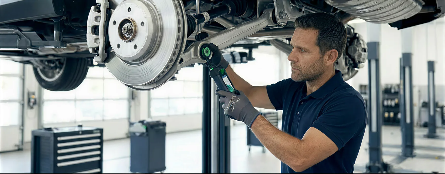 Certified technician inspecting the brakes and undercarriage of a European vehicle on a lift