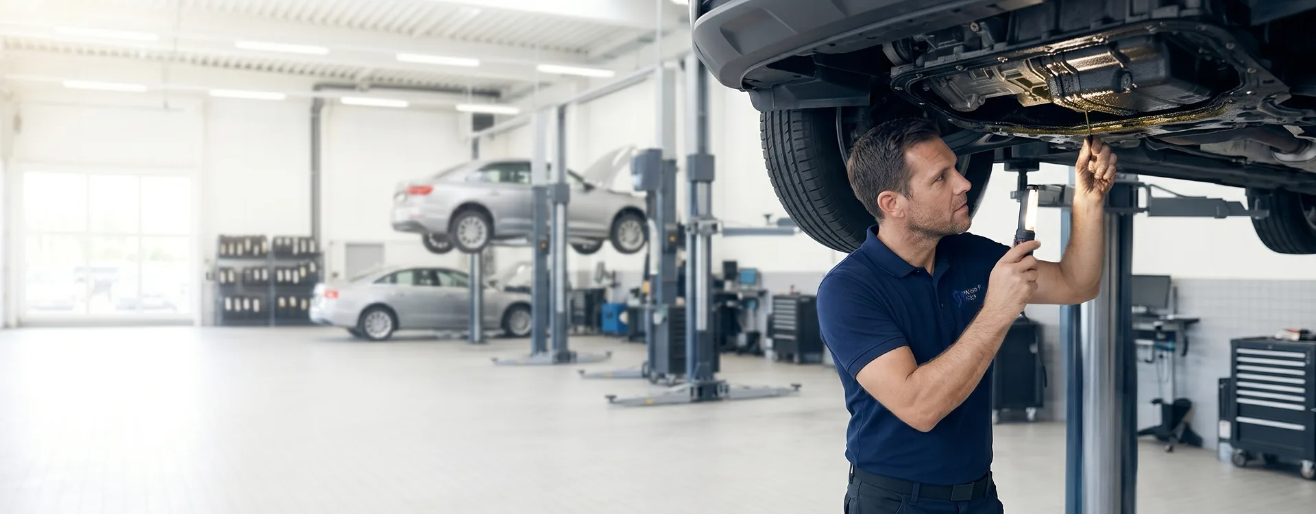 Certified technician inspecting an oil leak underneath a vehicle on a lift at Merit Auto Group