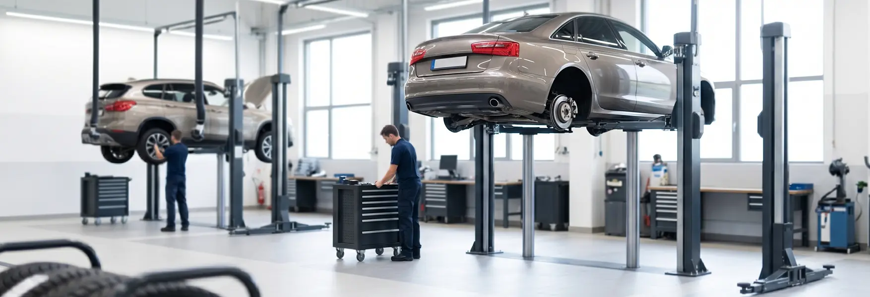 A sedan and an SUV raised on service lifts while technicians work in the Merit Auto Group service bay