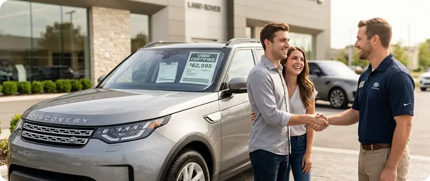 Salesperson shaking hands with a happy customer beside a Land Rover at the dealership