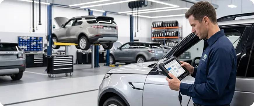 Technician inspecting a Land Rover in the service bay