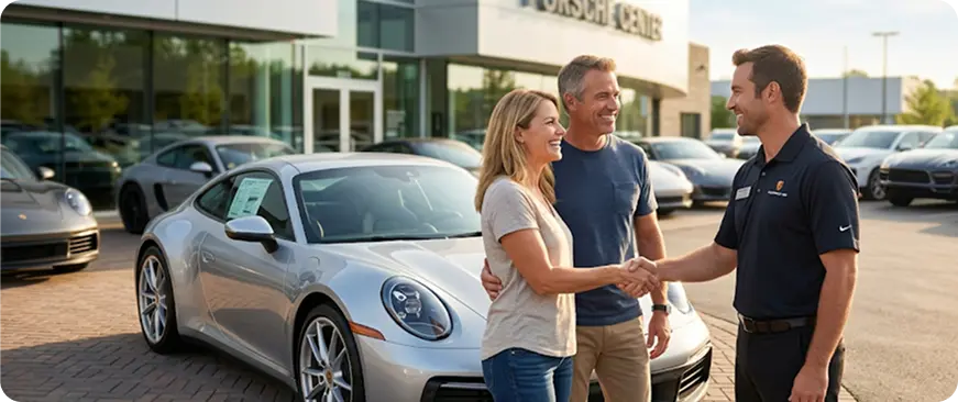 Salesperson shaking hands with a happy customer beside a Porsche at the dealership