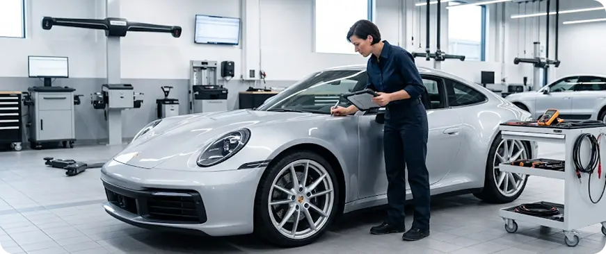 Technician inspecting a Porsche in the service bay