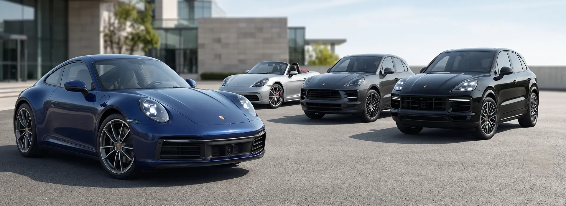 A lineup of used Porsche vehicles at the Merit Auto Group dealership