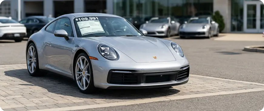 Row of used Porsche vehicles in a dealership lot