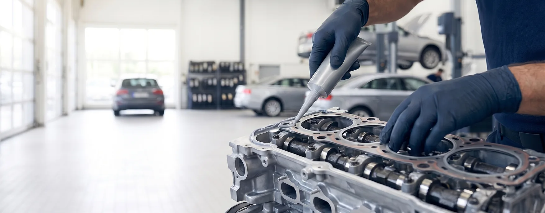 Technician applying sealant to an engine while repairing an oil leak at Merit Auto Group