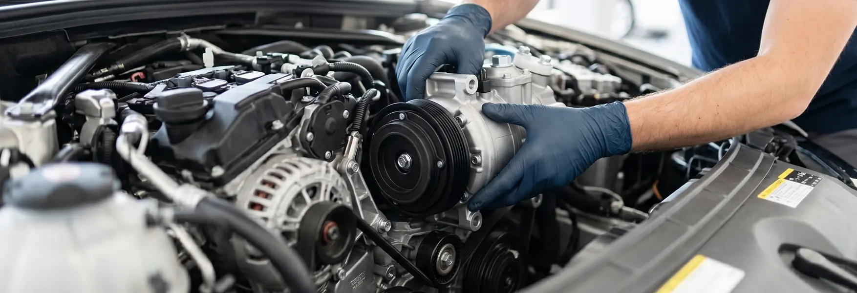 Gloved technician working on the AC compressor and drive belt in a vehicle's engine bay