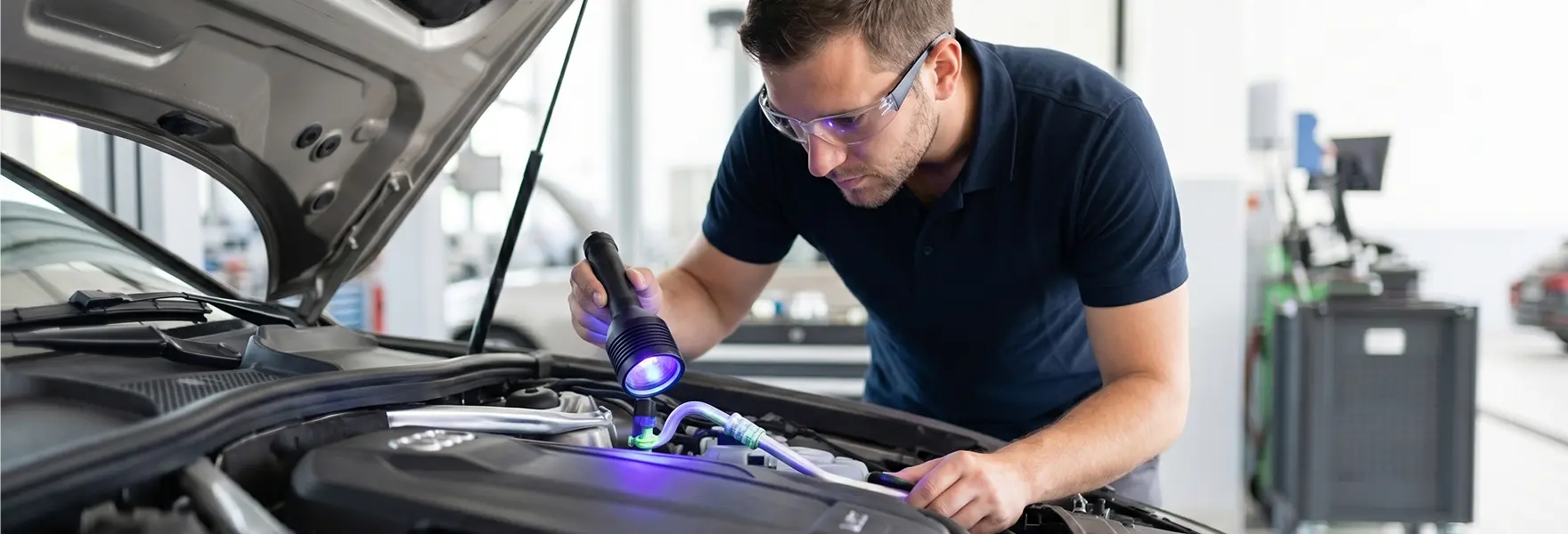 Technician in safety glasses using a UV leak-detection light to inspect a vehicle's AC system under the hood