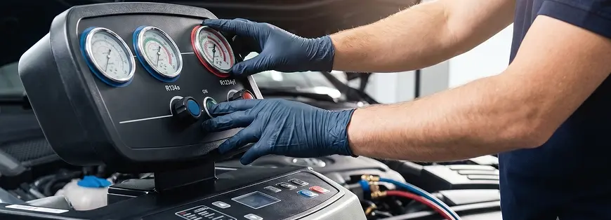 Gloved technician connecting an AC recovery and recharge machine to a vehicle in the service bay
