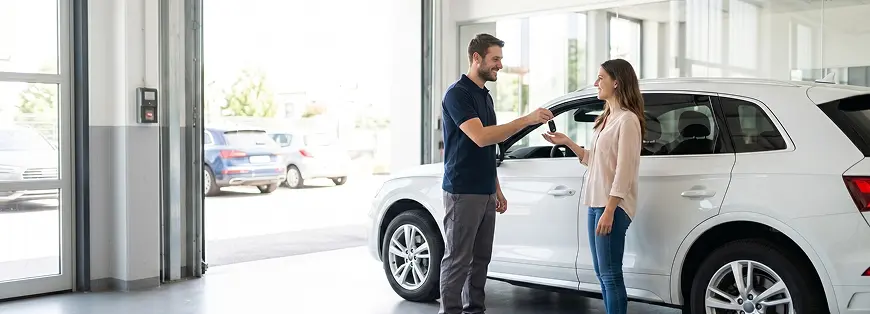 Service advisor handing keys to a customer beside a white SUV in the Merit Auto Group showroom