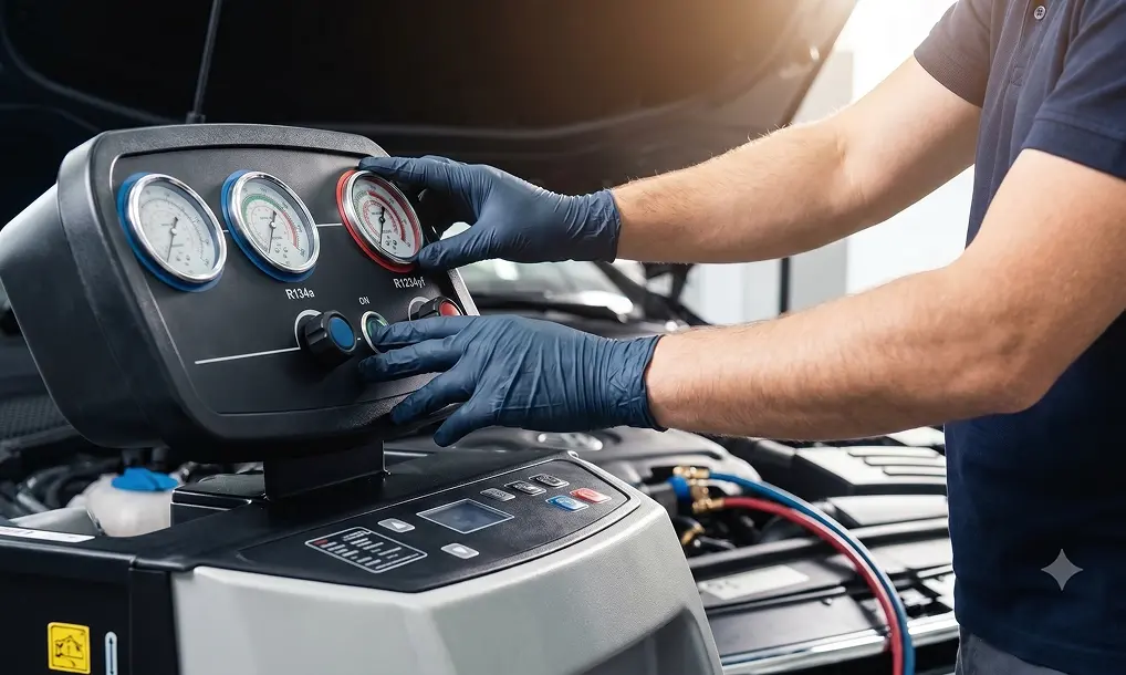 AC recharge machine with pressure gauges connected while a gloved technician services a vehicle's air conditioning